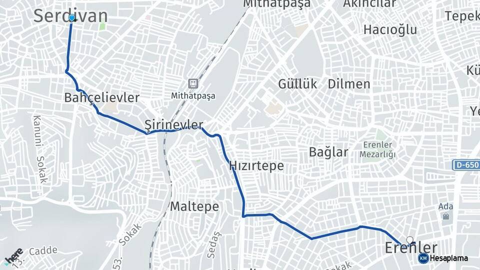 Sakarya Serdivan Erenler Arası Kaç Km - Yol Haritası