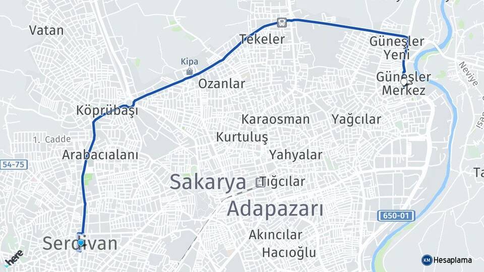 Sakarya Serdivan Güneşler Adapazarı Arası Kaç Km - Yol Haritası