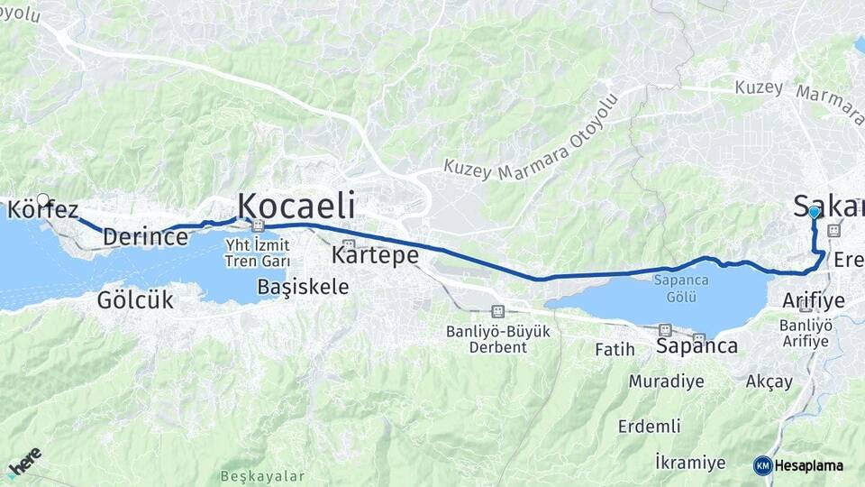 Sakarya Serdivan Körfez Kocaeli Arası Kaç Km - Yol Haritası