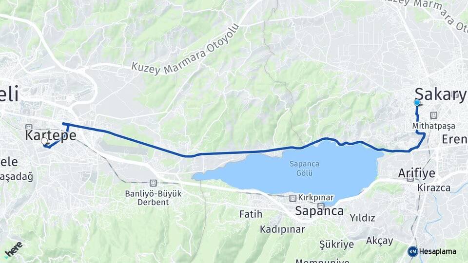 Sakarya Serdivan Köseköy Kartepe Kocaeli Arası Kaç Km - Yol Haritası