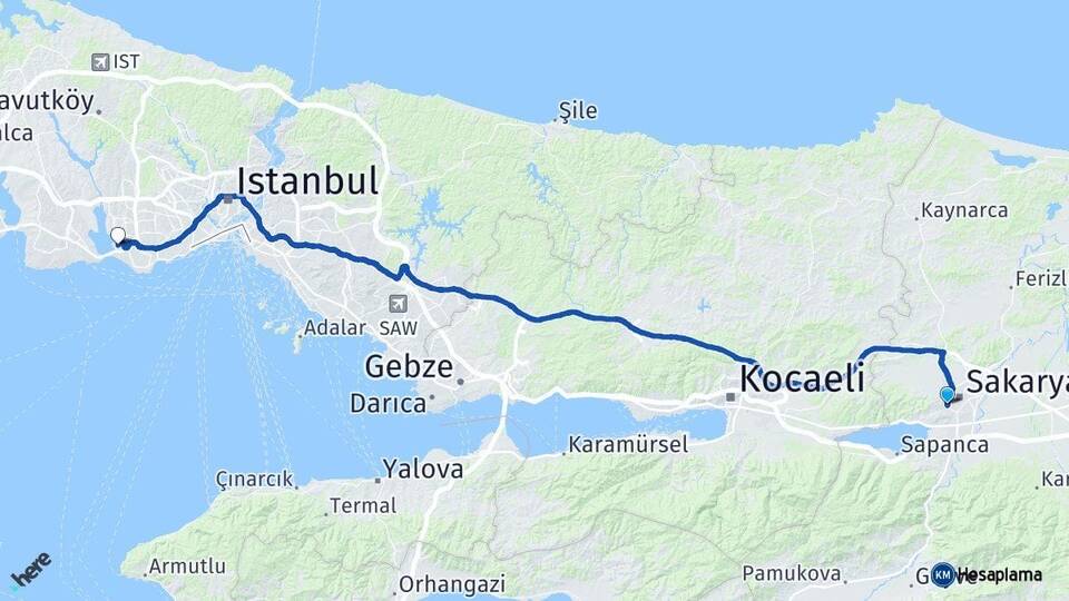 Sakarya Serdivan Küçükçekmece İstanbul Arası Kaç Km - Yol Haritası