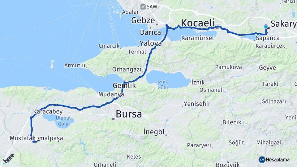 Sakarya Serdivan Mustafakemalpaşa Bursa Arası Kaç Km - Yol Haritası