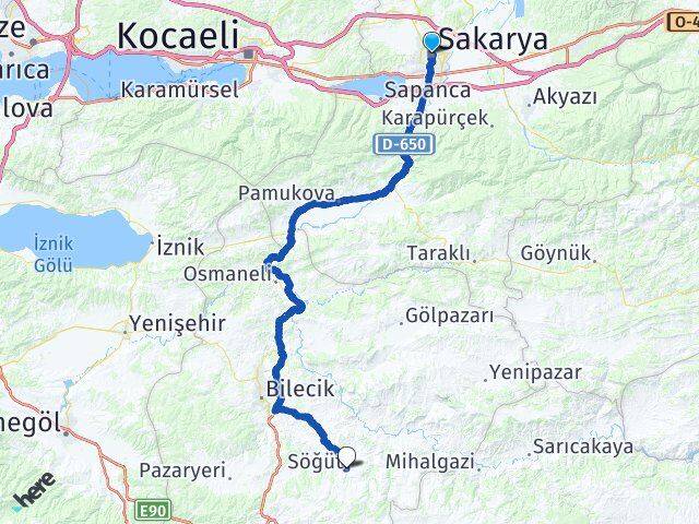 Sakarya Söğüt Bilecik Arası Kaç Km - Yol Haritası