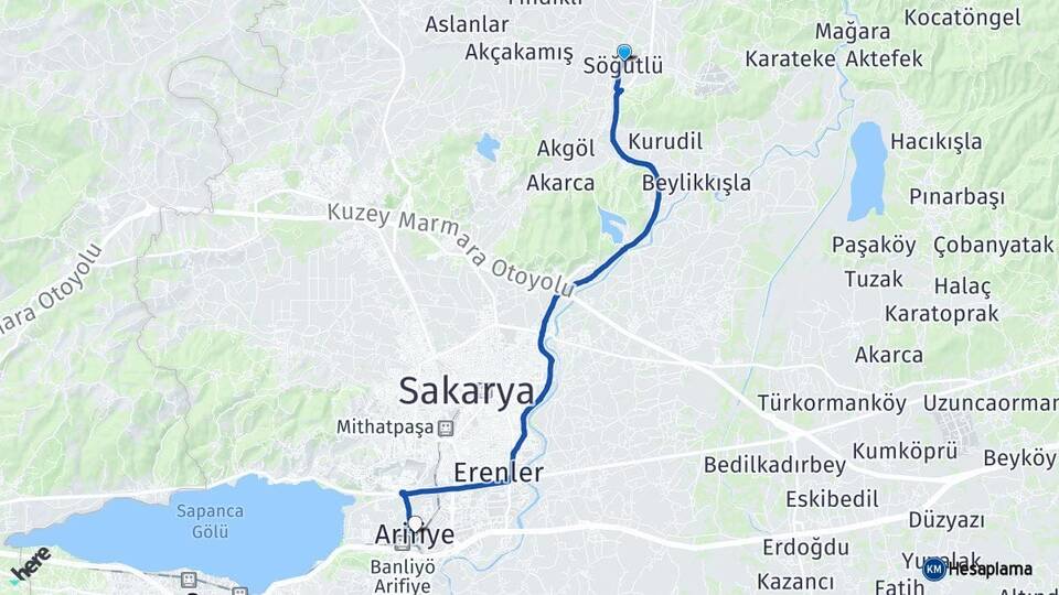 Sakarya Söğütlü Arifiye Arası Kaç Km - Yol Haritası