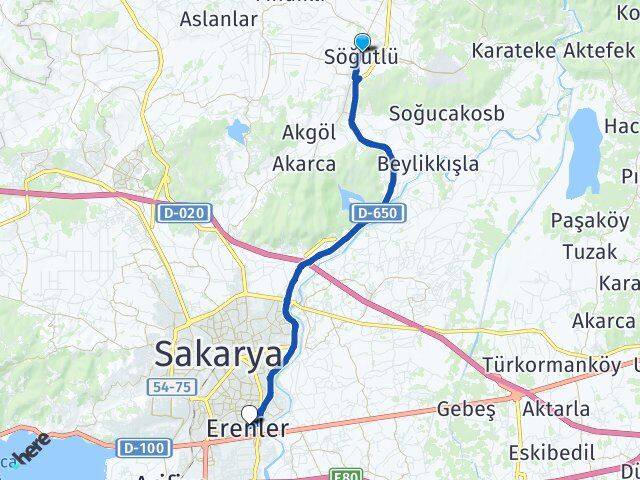 Sakarya Söğütlü Erenler Arası Kaç Km - Yol Haritası
