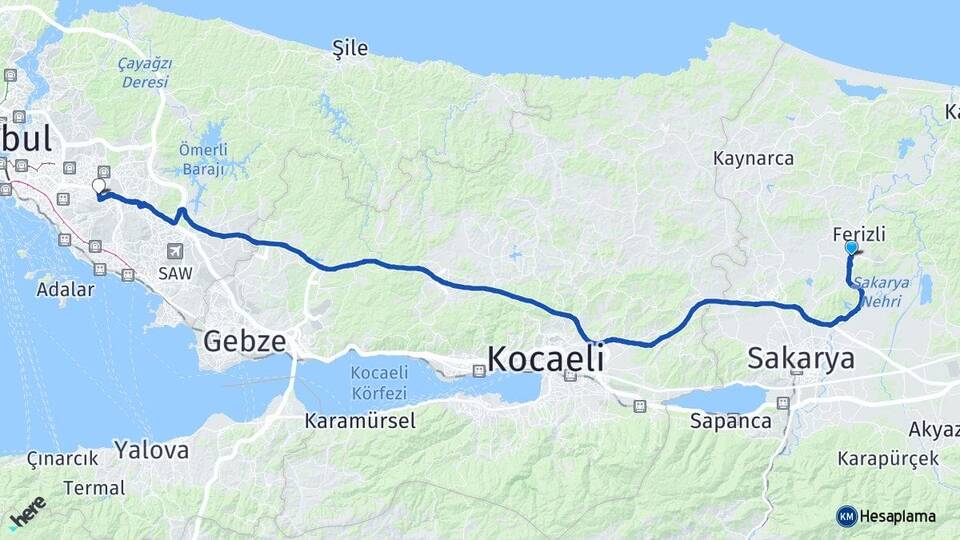 Sakarya Söğütlü Ferhatpaşa Ataşehir İstanbul Arası Kaç Km - Yol Haritası