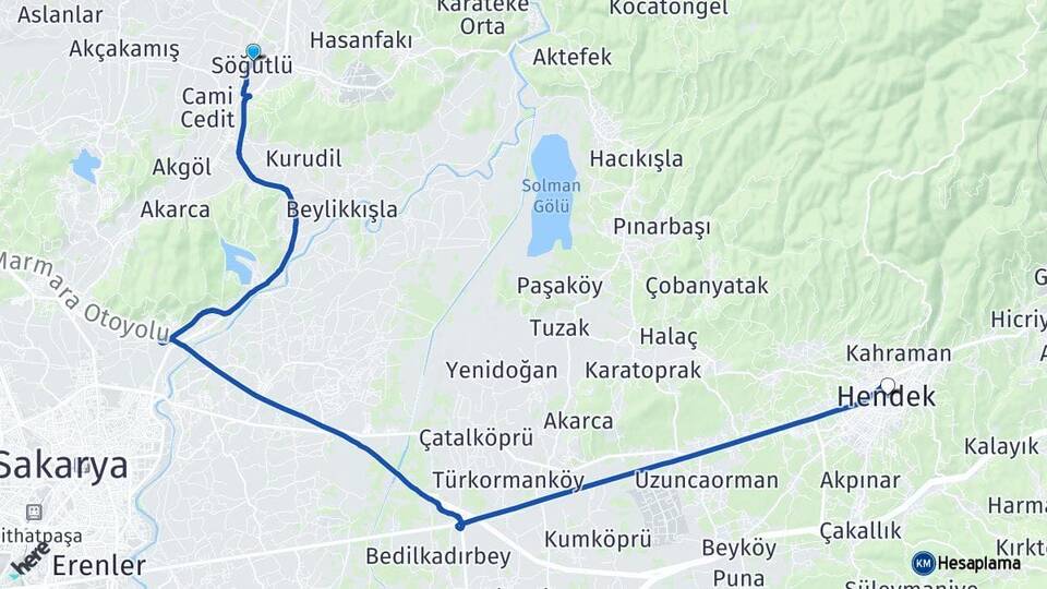 Sakarya Söğütlü Hendek Arası Kaç Km - Yol Haritası