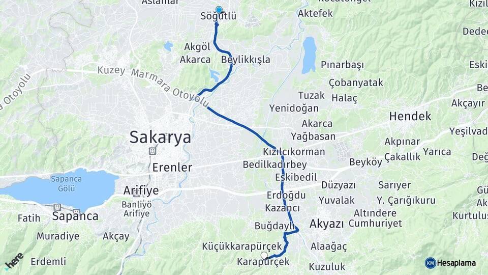 Sakarya Söğütlü Karapürçek Arası Kaç Km - Yol Haritası