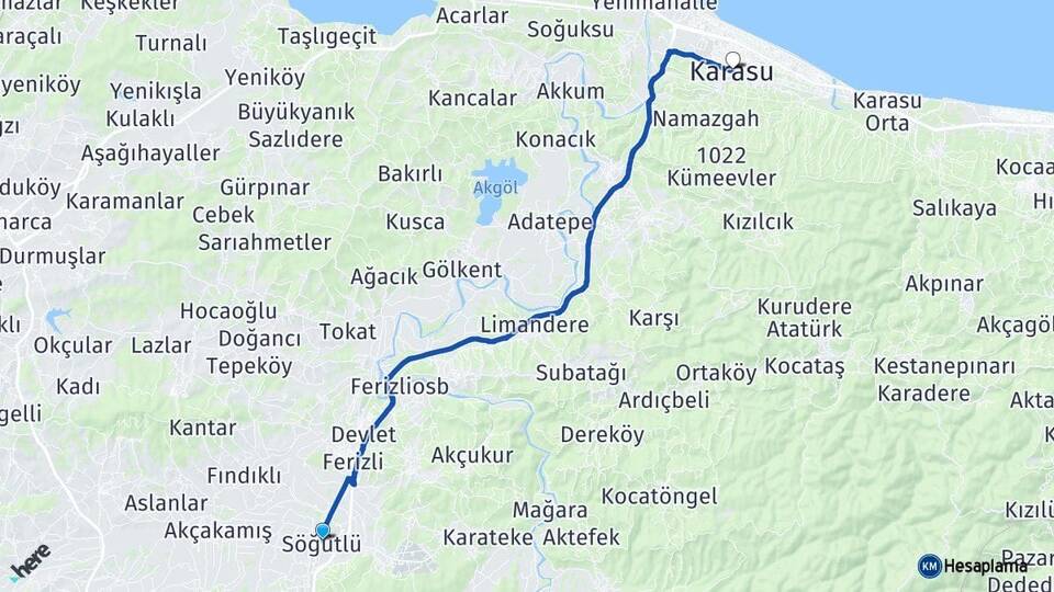 Sakarya Söğütlü Karasu Arası Kaç Km - Yol Haritası