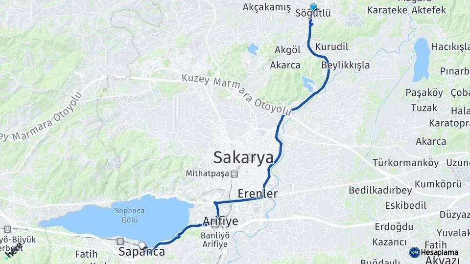 Sakarya Söğütlü Sapanca Arası Kaç Km - Yol Haritası