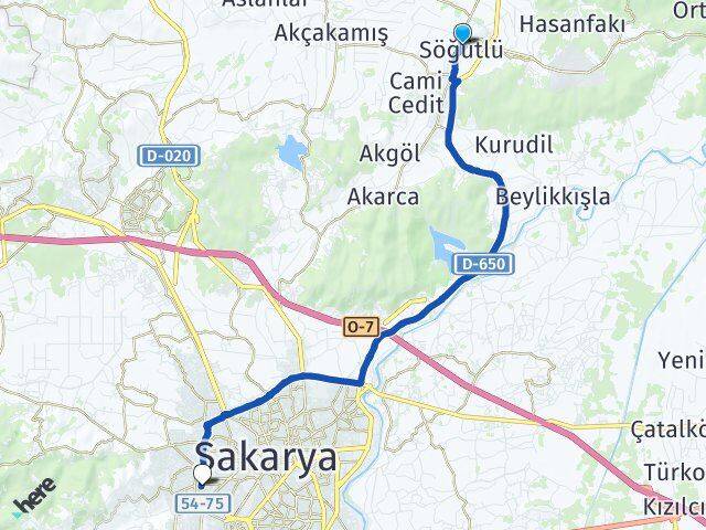 Sakarya Söğütlü Serdivan Arası Kaç Km - Yol Haritası