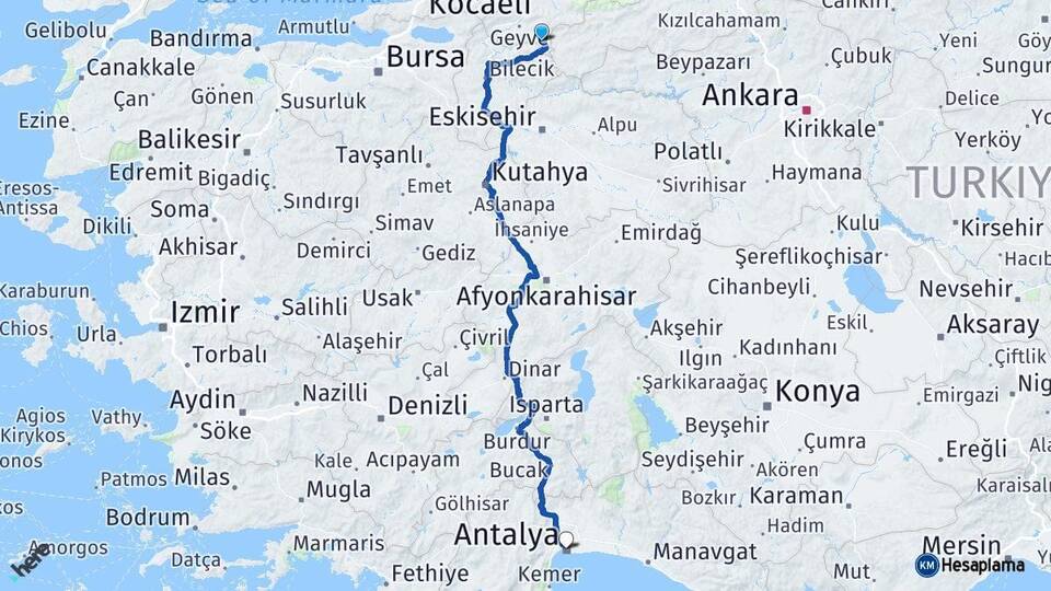 Sakarya Taraklı Antalya Arası Kaç Km - Yol Haritası