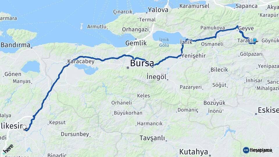 Sakarya Taraklı Balıkesir Arası Kaç Km - Yol Haritası
