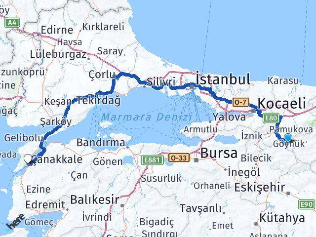 Sakarya Taraklı Çanakkale Arası Kaç Km - Yol Haritası