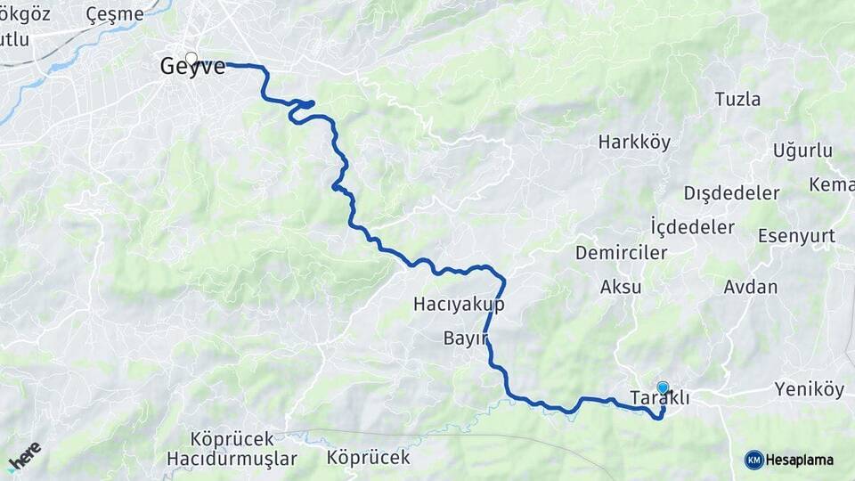 Sakarya Taraklı Geyve Arası Kaç Km - Yol Haritası