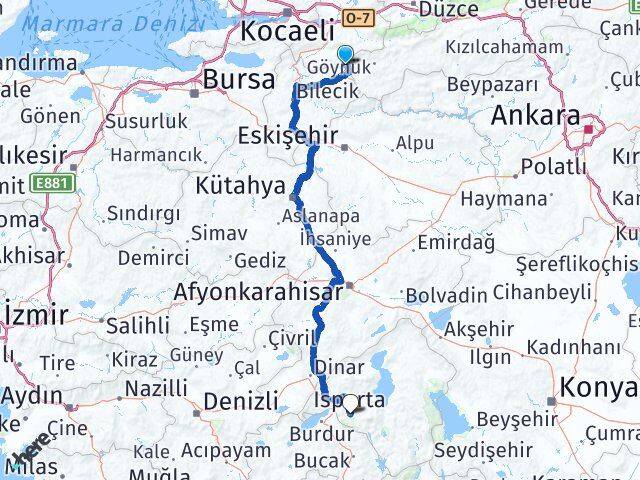 Sakarya Taraklı Isparta Arası Kaç Km - Yol Haritası