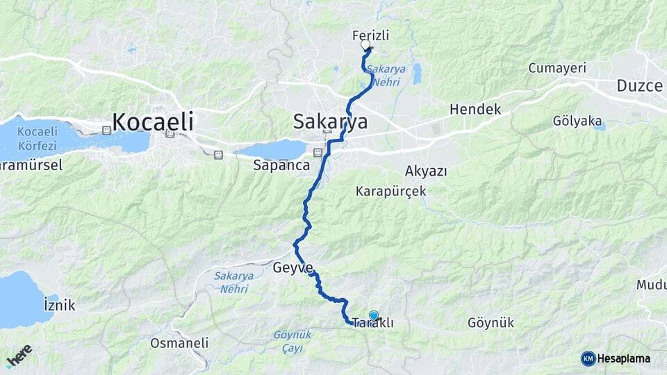 Sakarya Taraklı Söğütlü Arası Kaç Km - Yol Haritası