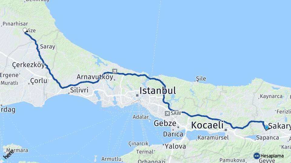 Sakarya Vize Kırklareli Arası Kaç Km - Yol Haritası