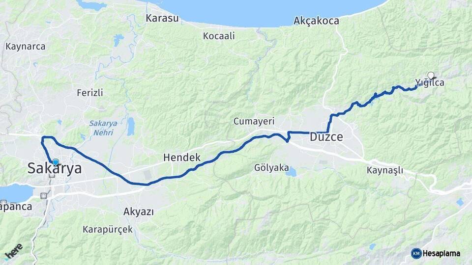 Sakarya Yığılca Düzce Arası Kaç Km - Yol Haritası