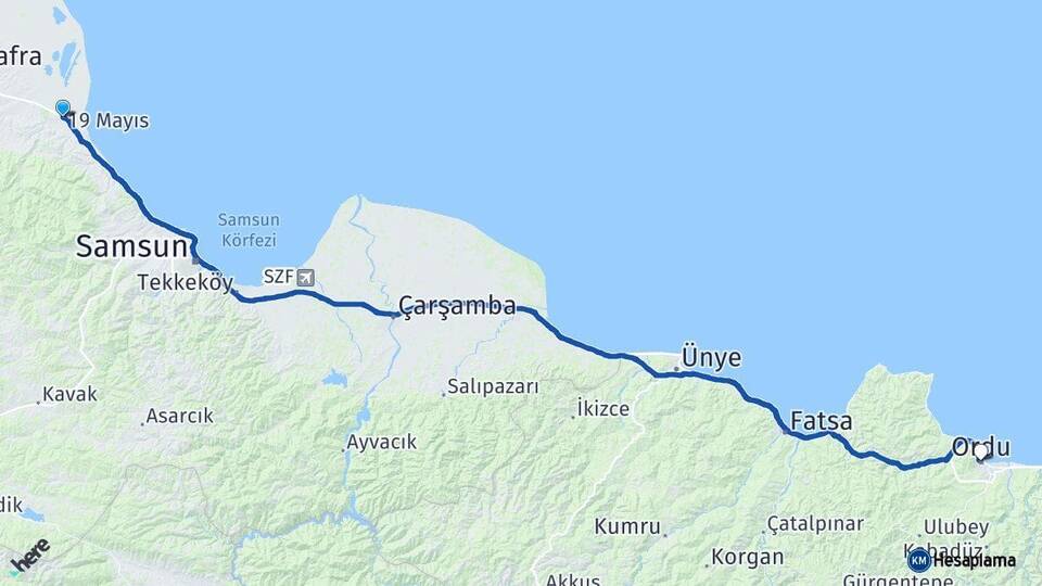 Samsun 19 Mayıs Ordu Arası Kaç Km - Yol Haritası