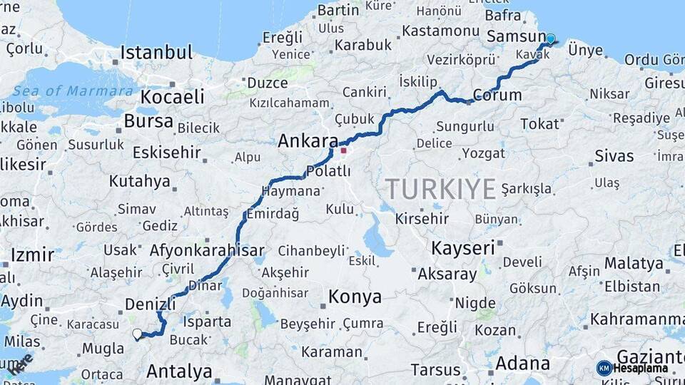 Samsun Acıpayam Denizli Arası Kaç Km - Yol Haritası