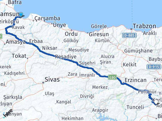 Samsun Adaklı Bingöl Arası Kaç Km - Yol Haritası