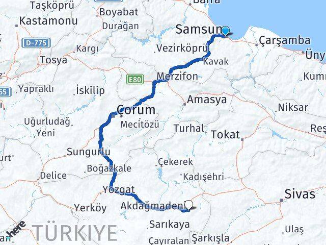 Samsun Akdağmadeni Yozgat Arası Kaç Km - Yol Haritası