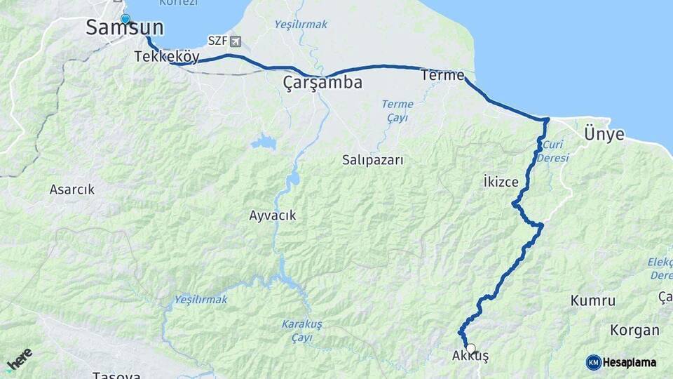 Samsun Akkuş Ordu Arası Kaç Km - Yol Haritası