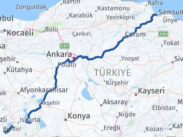 Samsun Aksu Isparta Arası Kaç Km - Yol Haritası