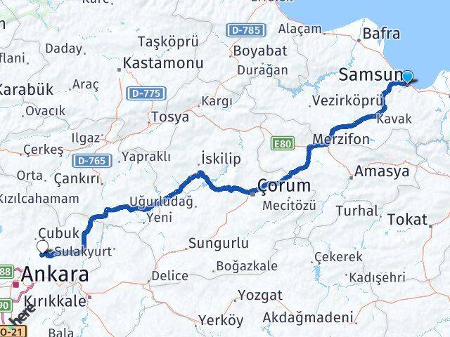Samsun Akyurt Ankara Arası Kaç Km - Yol Haritası