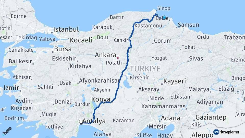 Samsun Alaçam Antalya Arası Kaç Km - Yol Haritası