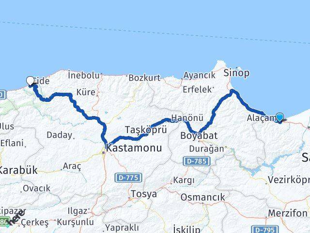 Samsun Alaçam Cide Kastamonu Arası Kaç Km - Yol Haritası