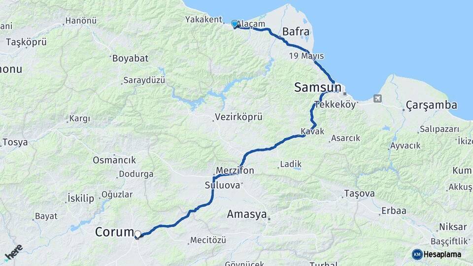 Samsun Alaçam Çorum Arası Kaç Km - Yol Haritası