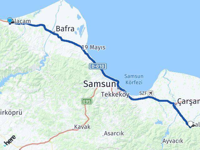 Samsun Alaçam Salıpazarı Arası Kaç Km - Yol Haritası
