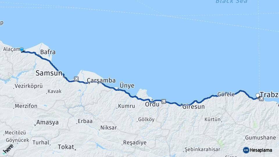 Samsun Alaçam Trabzon Arası Kaç Km - Yol Haritası