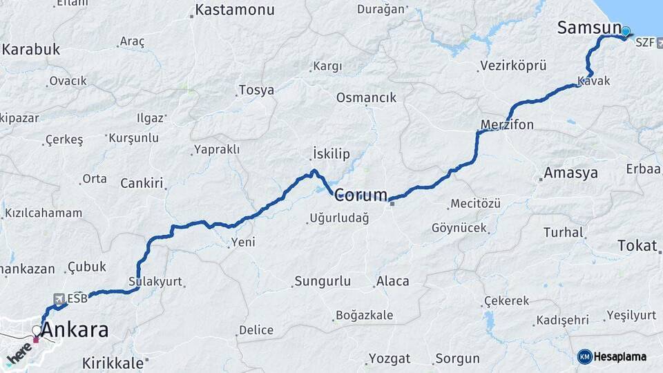 Samsun Altındağ Ankara Arası Kaç Km - Yol Haritası
