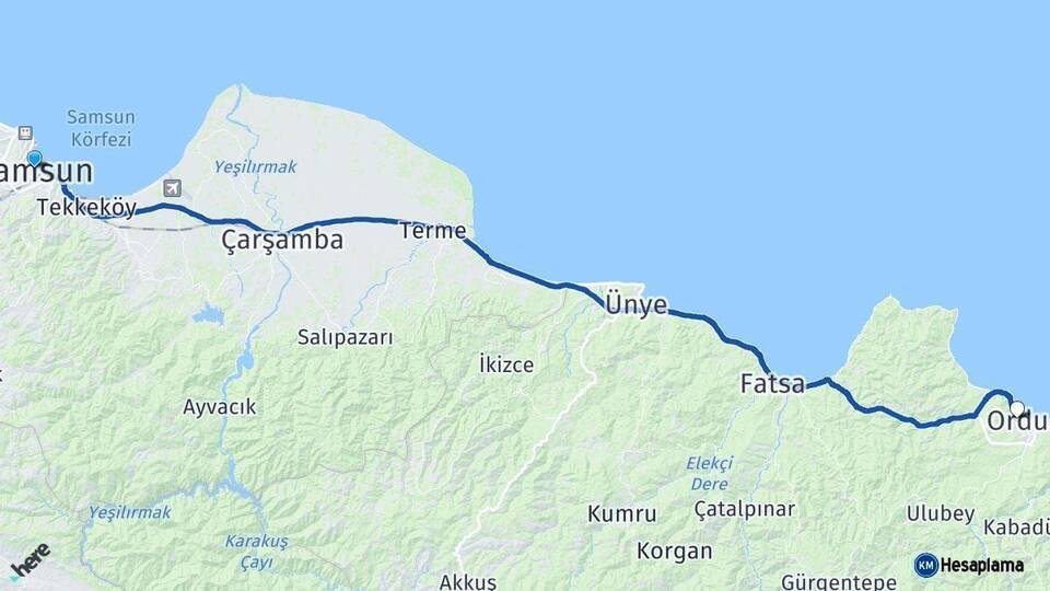 Samsun Altınordu Arası Kaç Km - Yol Haritası