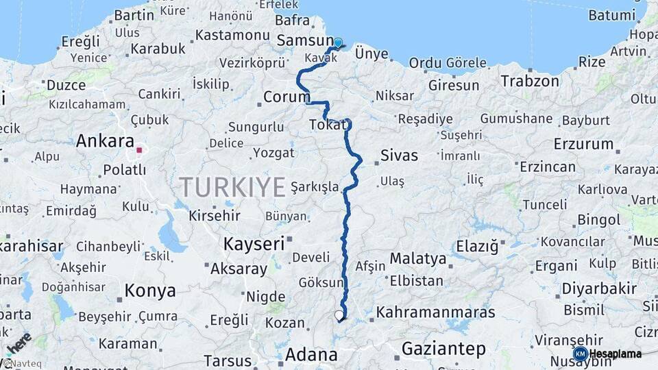 Samsun Andırın Kahramanmaraş Arası Kaç Km - Yol Haritası