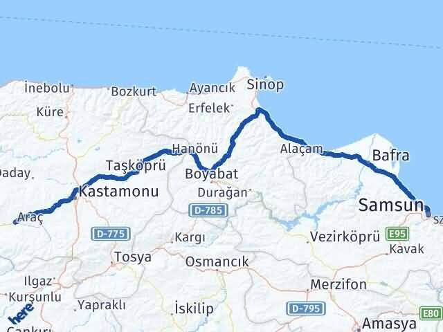 Samsun Araç Kastamonu Arası Kaç Km - Yol Haritası