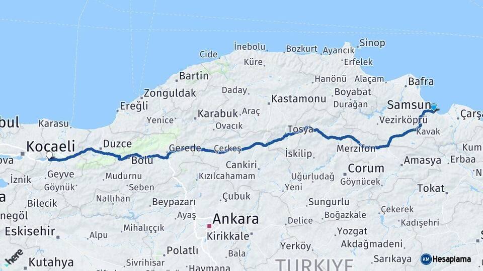 Samsun Arifiye Sakarya Arası Kaç Km - Yol Haritası