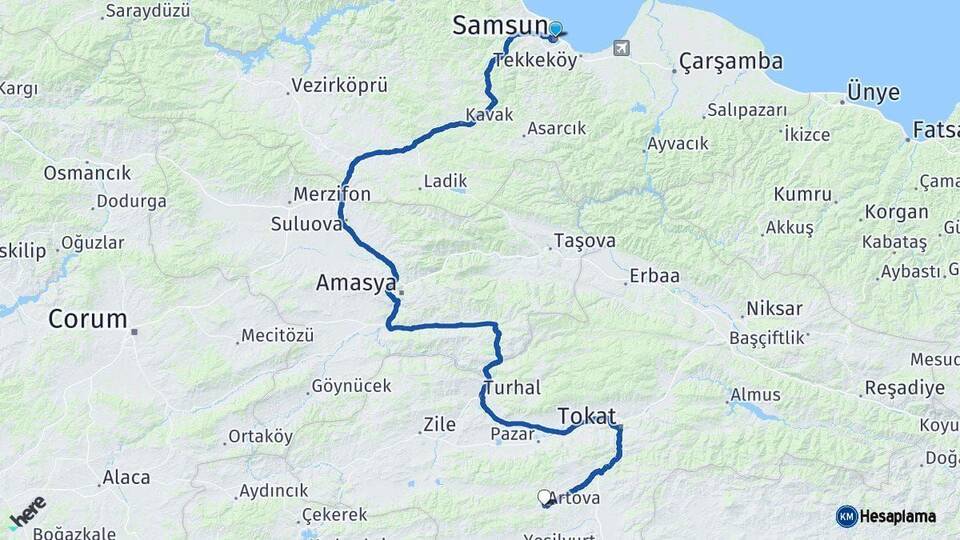 Samsun Artova Tokat Arası Kaç Km - Yol Haritası