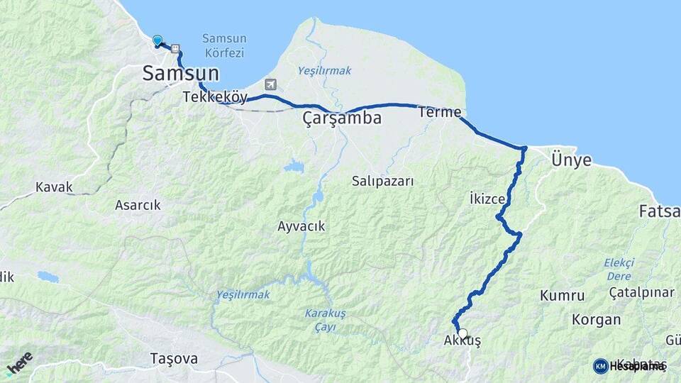 Samsun Atakum Akkuş Ordu Arası Kaç Km - Yol Haritası