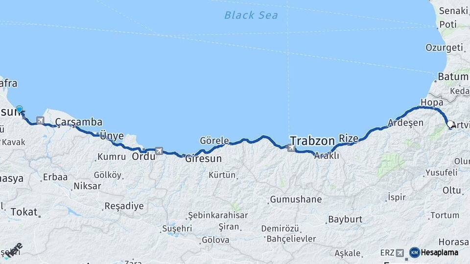 Samsun Atakum Artvin Arası Kaç Km - Yol Haritası
