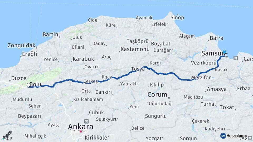 Samsun Atakum Bolu Arası Kaç Km - Yol Haritası