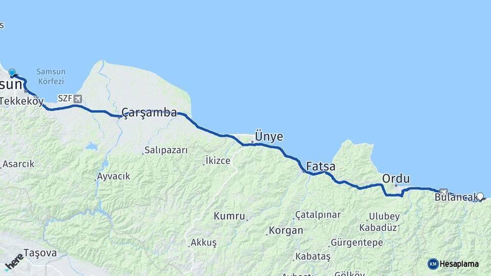 Samsun Atakum Bulancak Giresun Arası Kaç Km - Yol Haritası