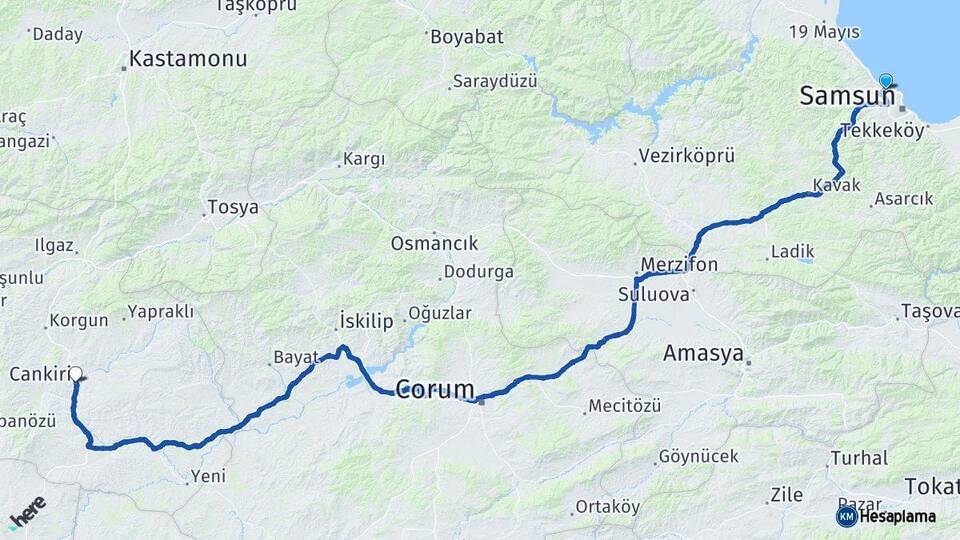 Samsun Atakum Çankırı Arası Kaç Km - Yol Haritası