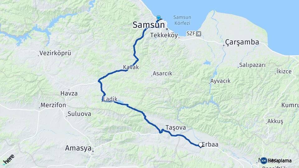 Samsun Atakum Erbaa Tokat Arası Kaç Km - Yol Haritası