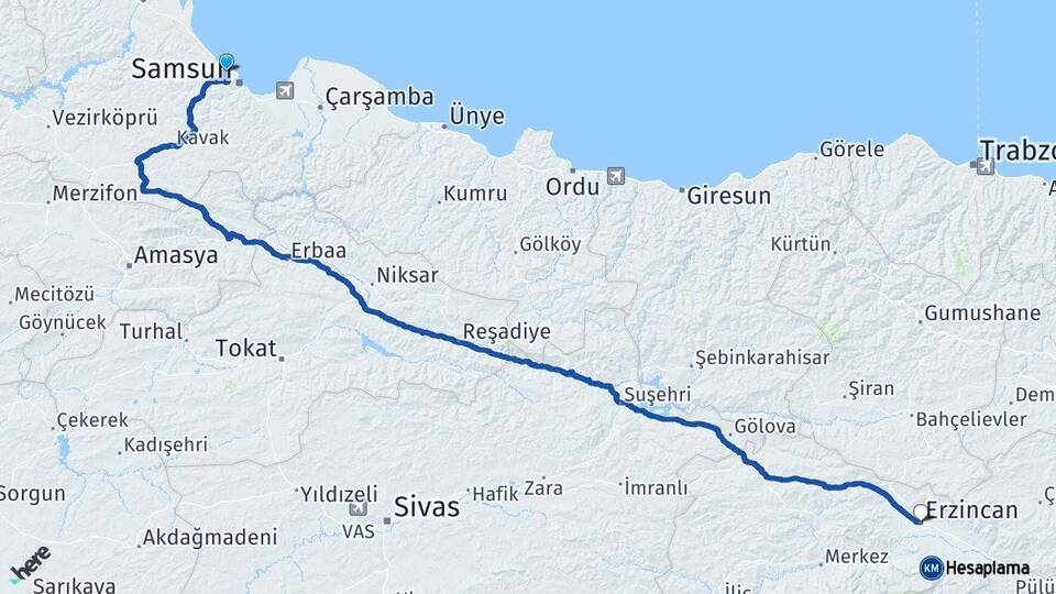 Samsun Atakum Erzincan Arası Kaç Km - Yol Haritası
