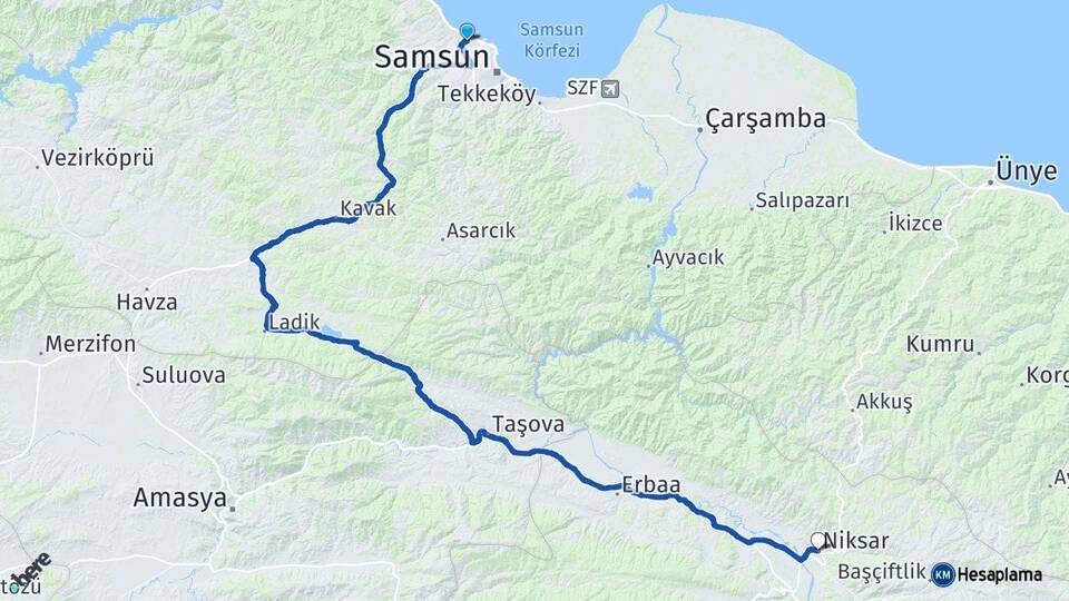 Samsun Atakum Niksar Tokat Arası Kaç Km - Yol Haritası