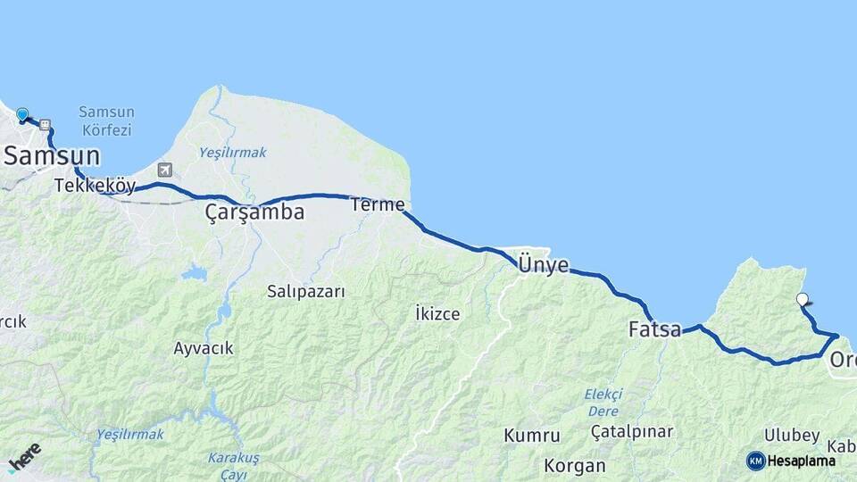 Samsun Atakum Perşembe Ordu Arası Kaç Km - Yol Haritası